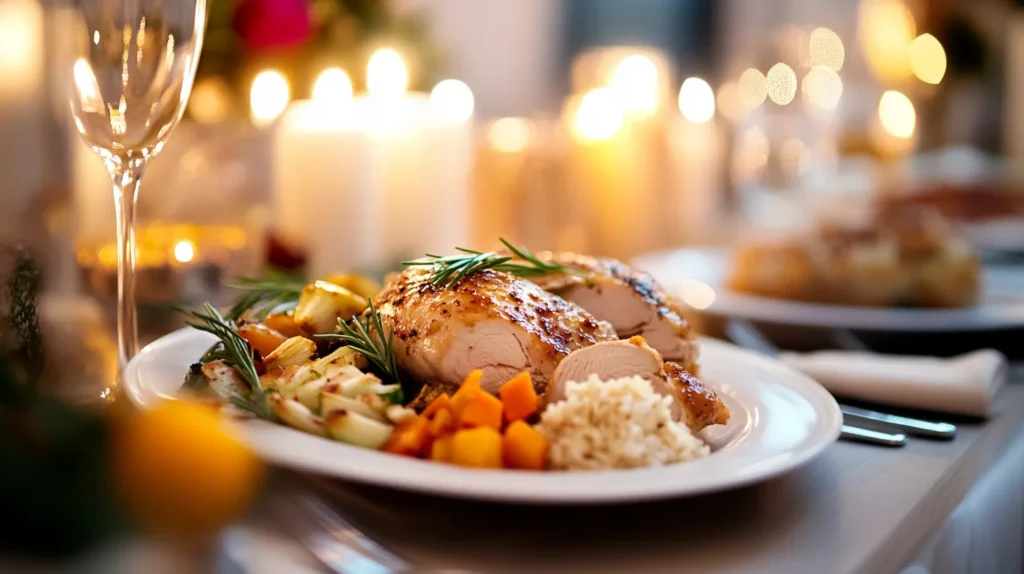 Galena chicken served with roasted vegetables and rice pilaf on a modern dining table.