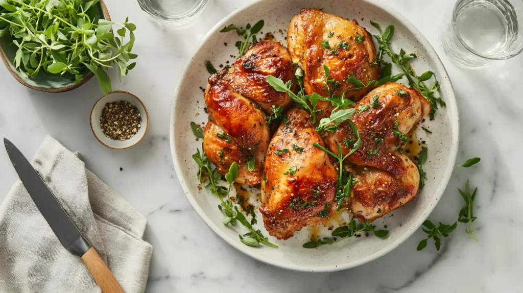 A garnished chicken bake with herbs, seasoning, and serving utensils on a modern dining table