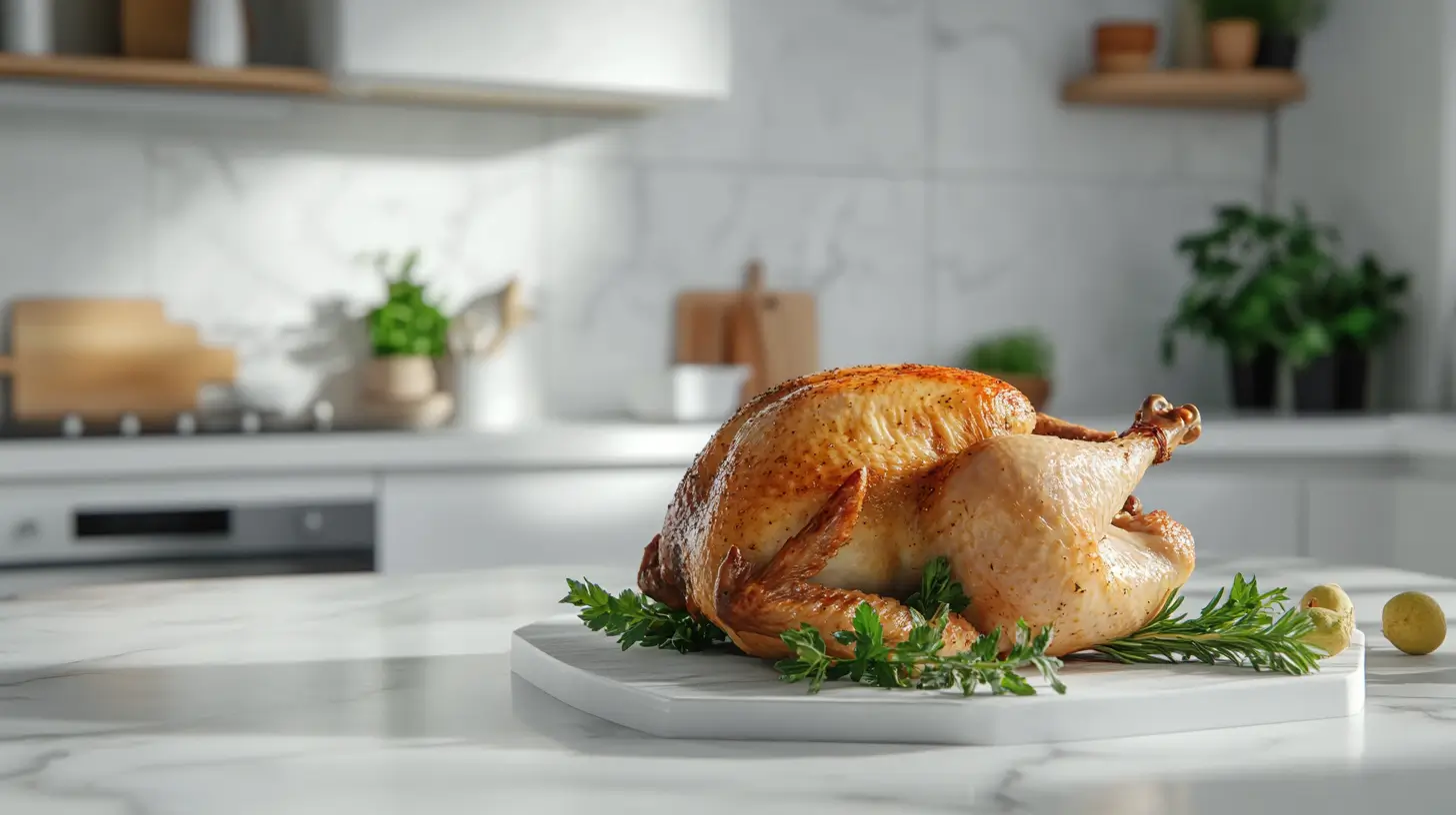 Golden roasted chicken on a white marble counter with herbs