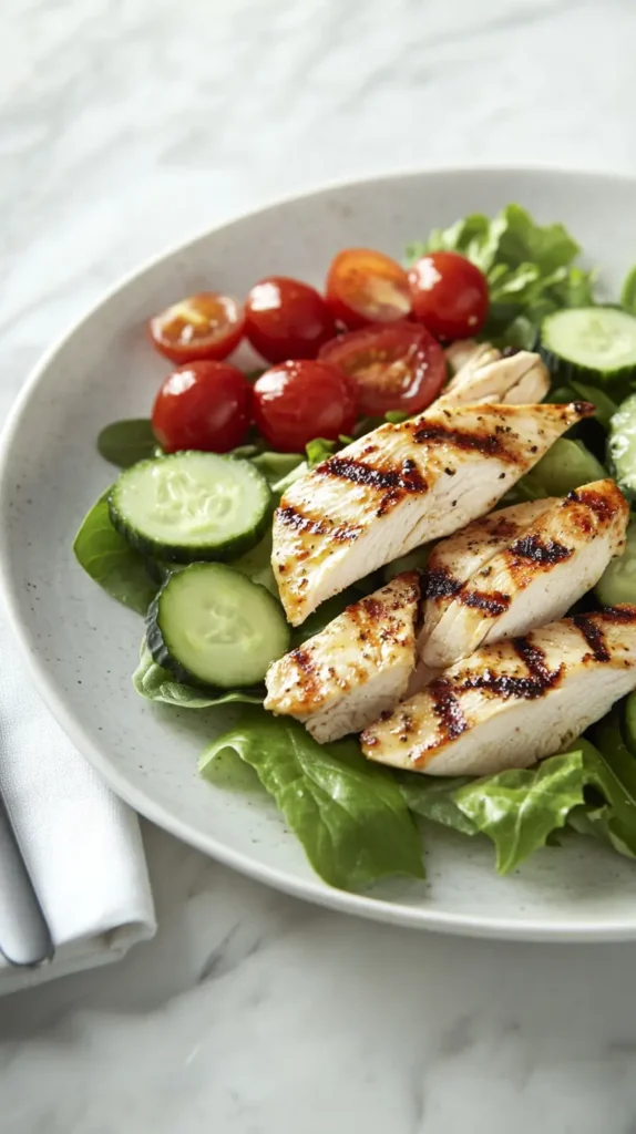 Fresh grilled chicken salad with greens, cherry tomatoes, cucumbers, and dressing on a white marble table