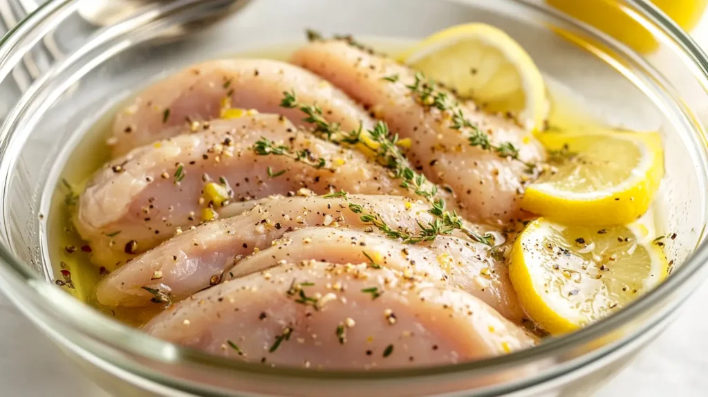 Chicken breasts marinating in olive oil, lemon, and herbs