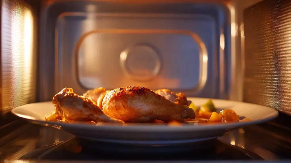 Partially thawed chicken on a plate inside a microwave