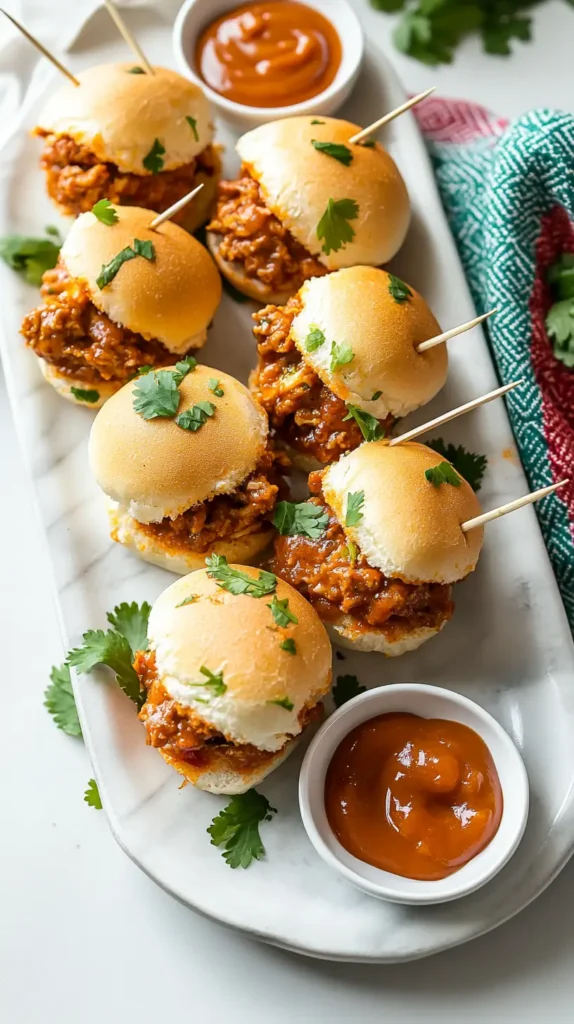 mini cheesy chicken sloppy joe sliders garnished with parsley and served with dipping sauces