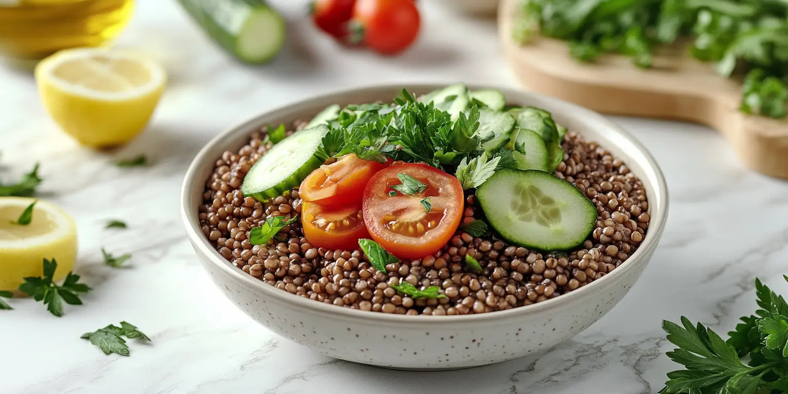 A bowl of cooked buckwheat with vegetables on a white marble surface.