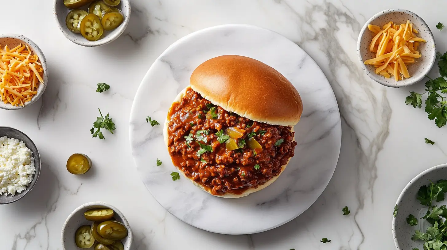 A modern sloppy joe with a saucy filling served on a brioche bun with toppings, captured on a white marble background