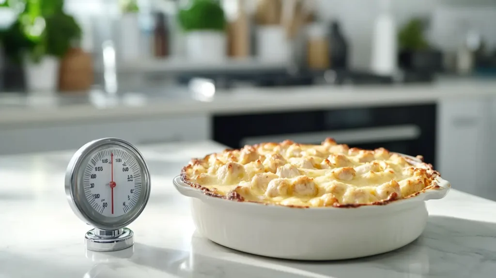 An oven thermometer  next to a baking dish with chicken and cheese filling