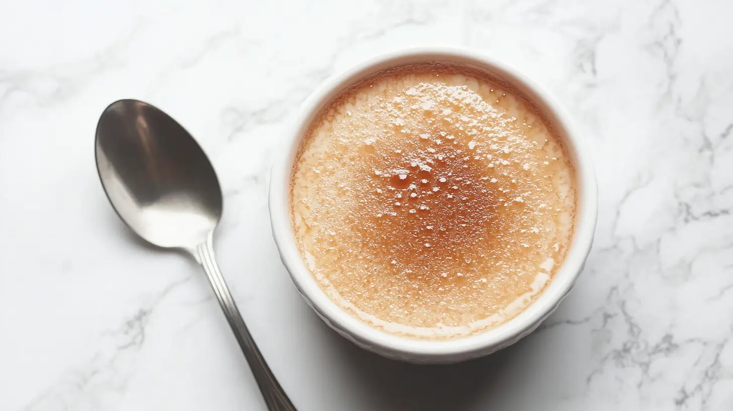 Close-up of crème brûlée in a white ramekin on a white marble surface with a silver spoon beside it.