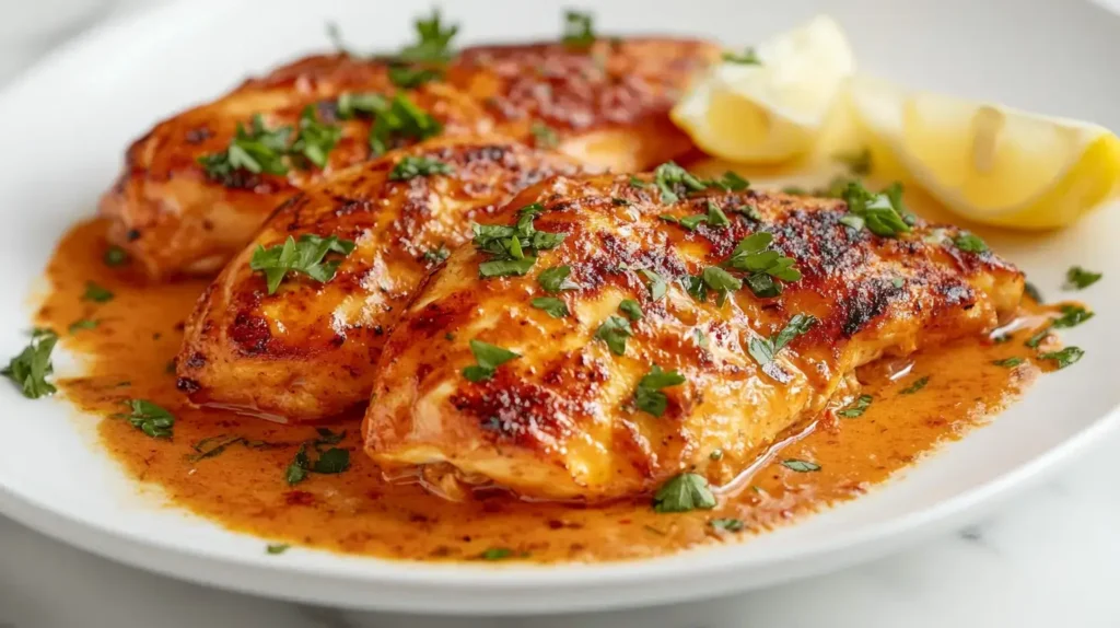 A beautifully plated Galena chicken dish garnished with parsley on a white marble countertop.