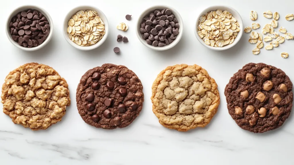 Three types of cookies on a white marble surface with baking ingredients nearby