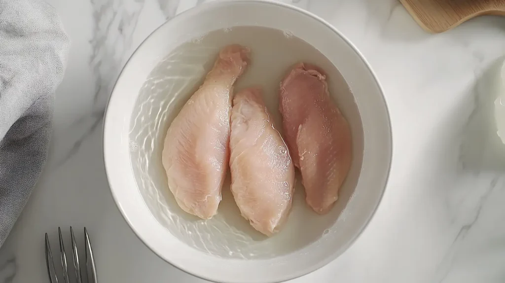 Chicken submerged in cold water for safe and quick defrosting in a clean, modern kitchen sink