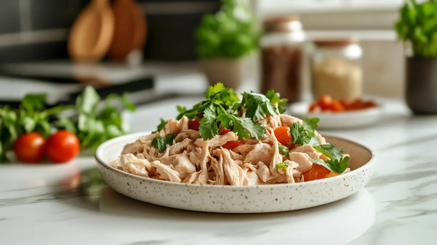 Shredded chicken on a white plate with fresh herbs and vegetables on a white marble countertop