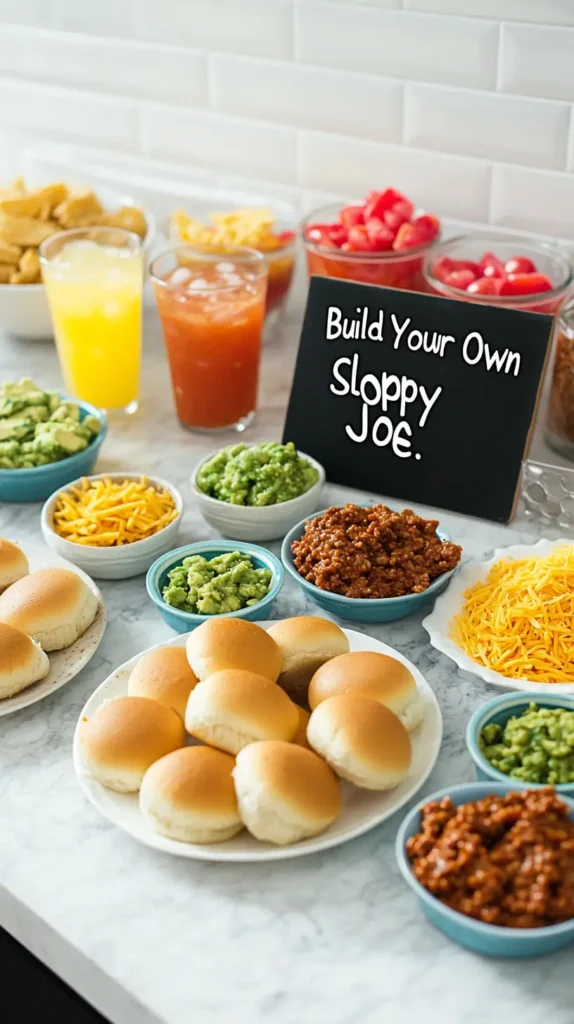 A DIY sloppy joe bar with various buns, fillings, and toppings arranged on a modern white marble counter, perfect for hosting