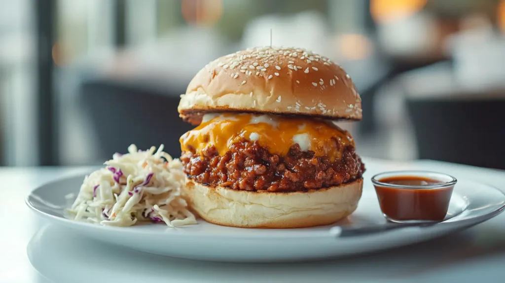 Sloppy Joe on a brioche bun with cheese, mayo, and coleslaw on the side