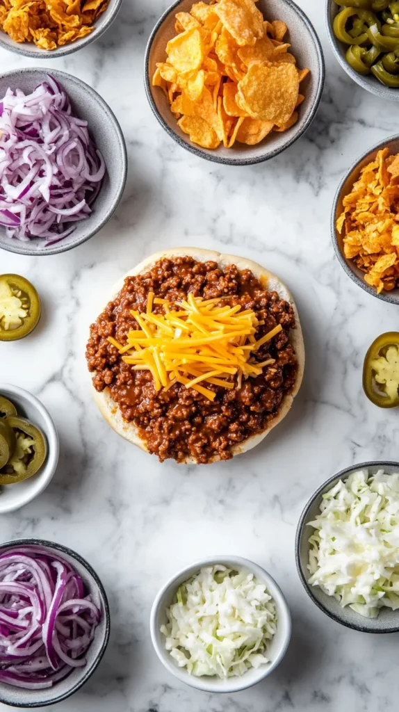 A colorful array of sloppy joe toppings like cheese, pickles, and coleslaw on a white marble counter, with an open-faced sloppy joe centerpiece