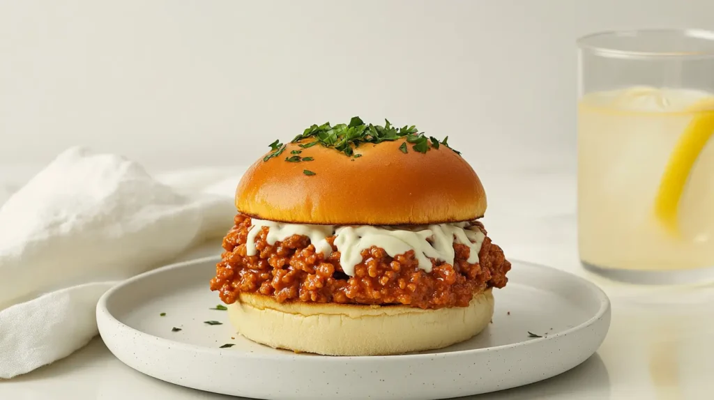 Sloppy Joe sandwich with a drizzle of mayo on a white ceramic plate