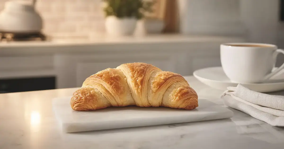 A golden-brown Swiss crescent pastry on a marble counter with a cup of coffee.