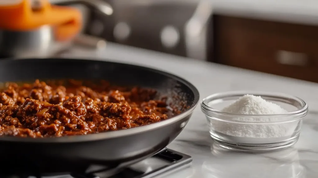 Cornstarch slurry being added to a skillet of sloppy joe mixture to thicken it.