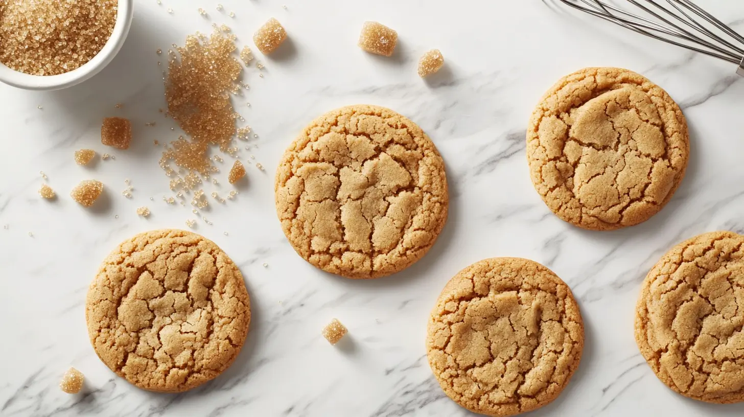 Freshly baked cookies on a white marble surface with brown sugar and baking tools