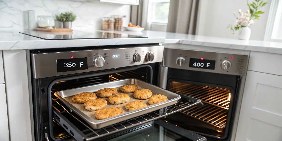 Is it better to bake chicken at 350 or 400? A tray of chicken baking in a modern oven at both temperatures.