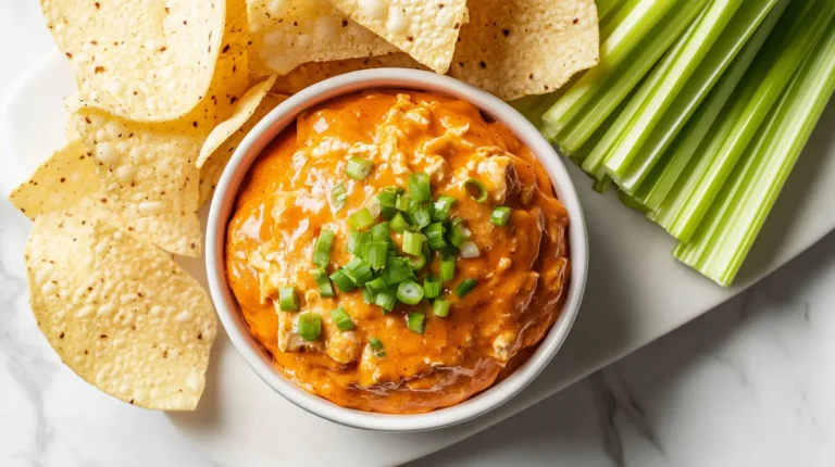 Buffalo Chicken Dip Crock Pot served in a white bowl with chips and celery on a modern white marble surface.