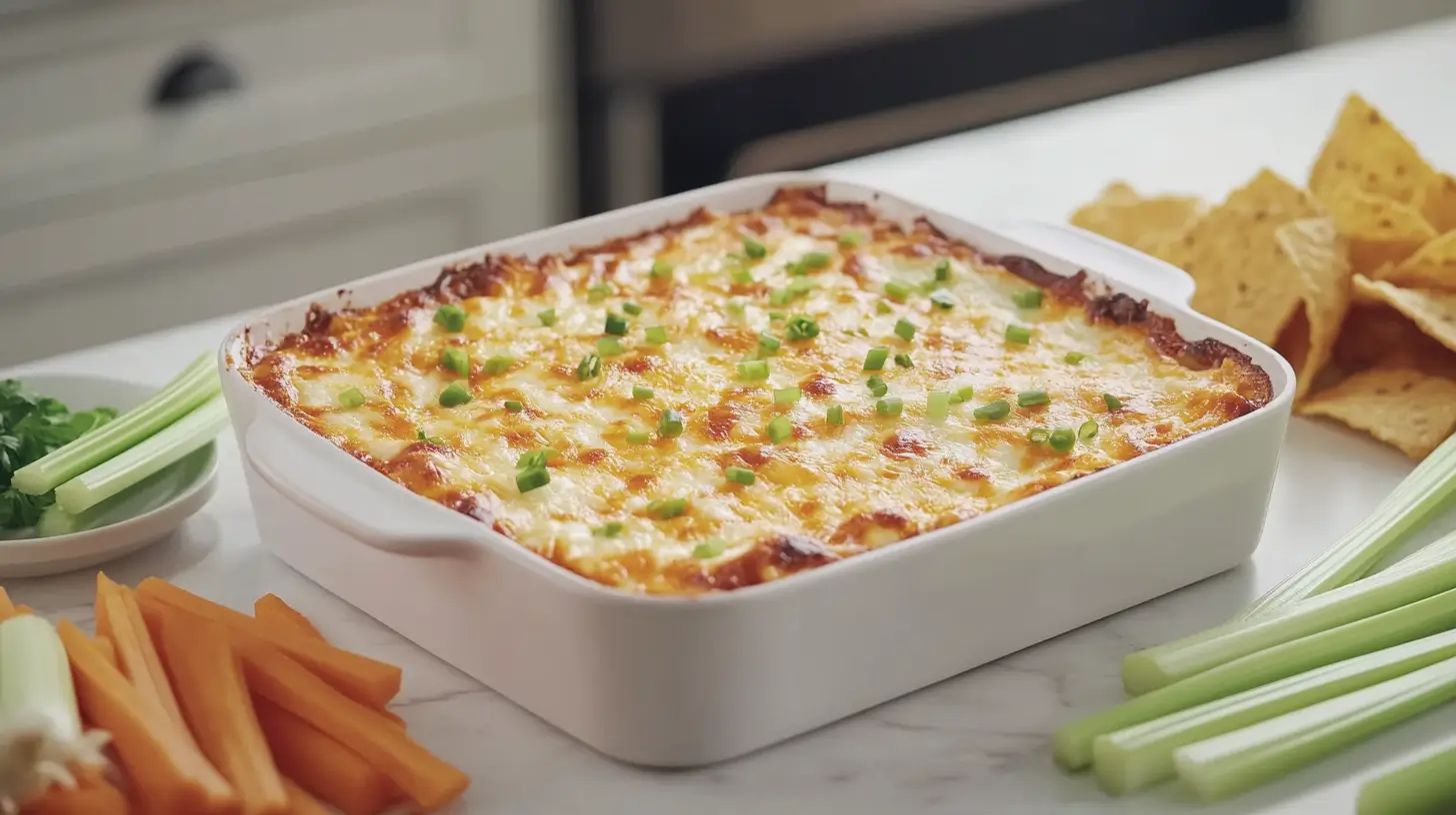 Buffalo Chicken Dip in the Oven, baked to perfection, served in a white ceramic dish with fresh veggies and chips on a marble countertop.