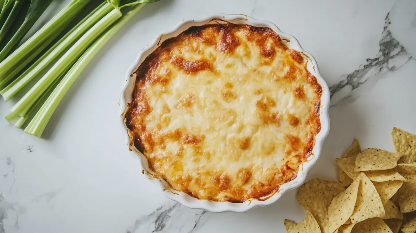 Can you freeze buffalo chicken dip? A creamy, cheesy buffalo chicken dip in a white dish with chips and celery on a marble surface.