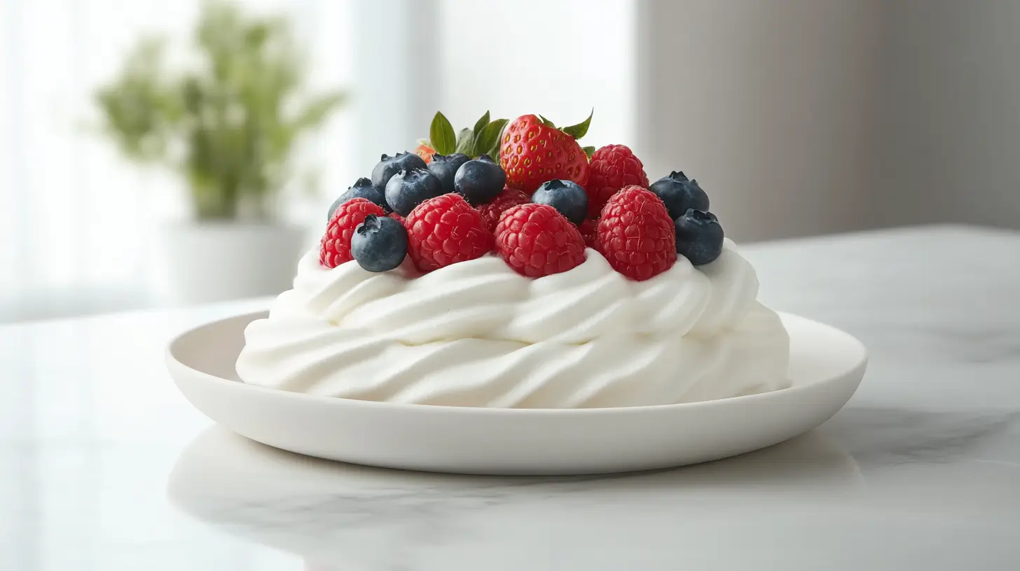 Can you prepare pavlova in advance? A crisp pavlova topped with fresh berries and cream on a white marble surface.