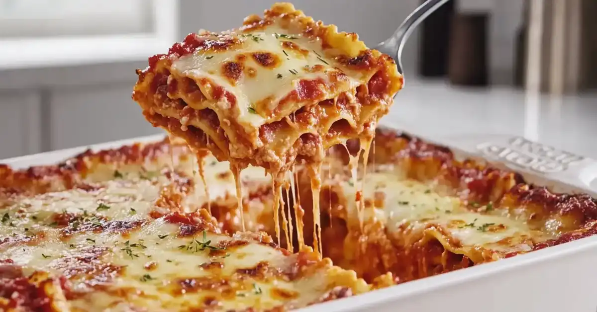 A cheesy, golden-brown ravioli lasagna in a white ceramic baking dish, with a serving spatula lifting a portion to reveal the layers.