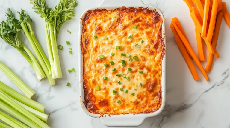 Cottage cheese buffalo chicken dip in a white dish with melted cheese, buffalo sauce drizzle, and fresh green onions.