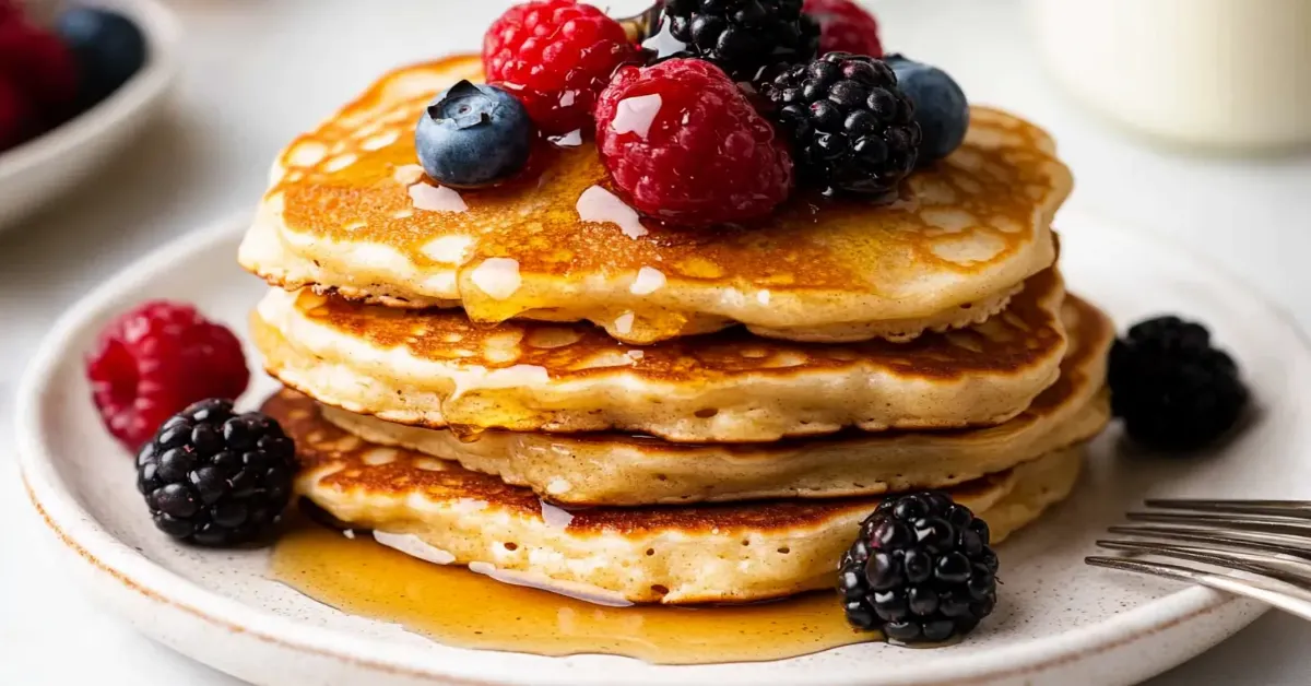 Fluffy cottage cheese pancakes with berries and honey on a white plate.