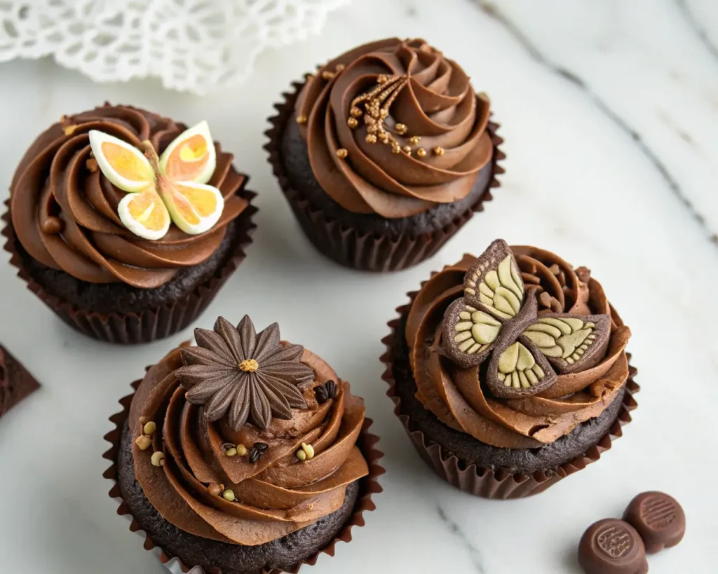 Artfully decorated chocolate cupcakes