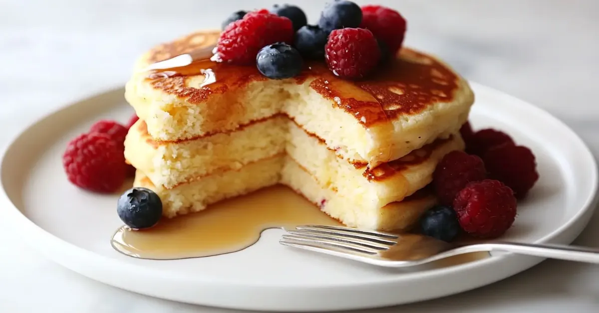 Fluffy gluten-free pancakes with maple syrup and berries on a white plate.