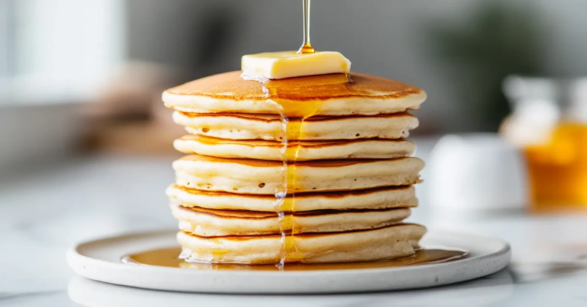 Fluffy homemade pancakes with butter and maple syrup on white marble.