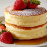 Fluffy soufflé pancakes stacked with strawberries and syrup on a white plate.