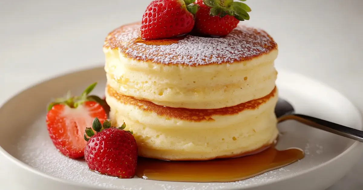 Fluffy soufflé pancakes stacked with strawberries and syrup on a white plate.