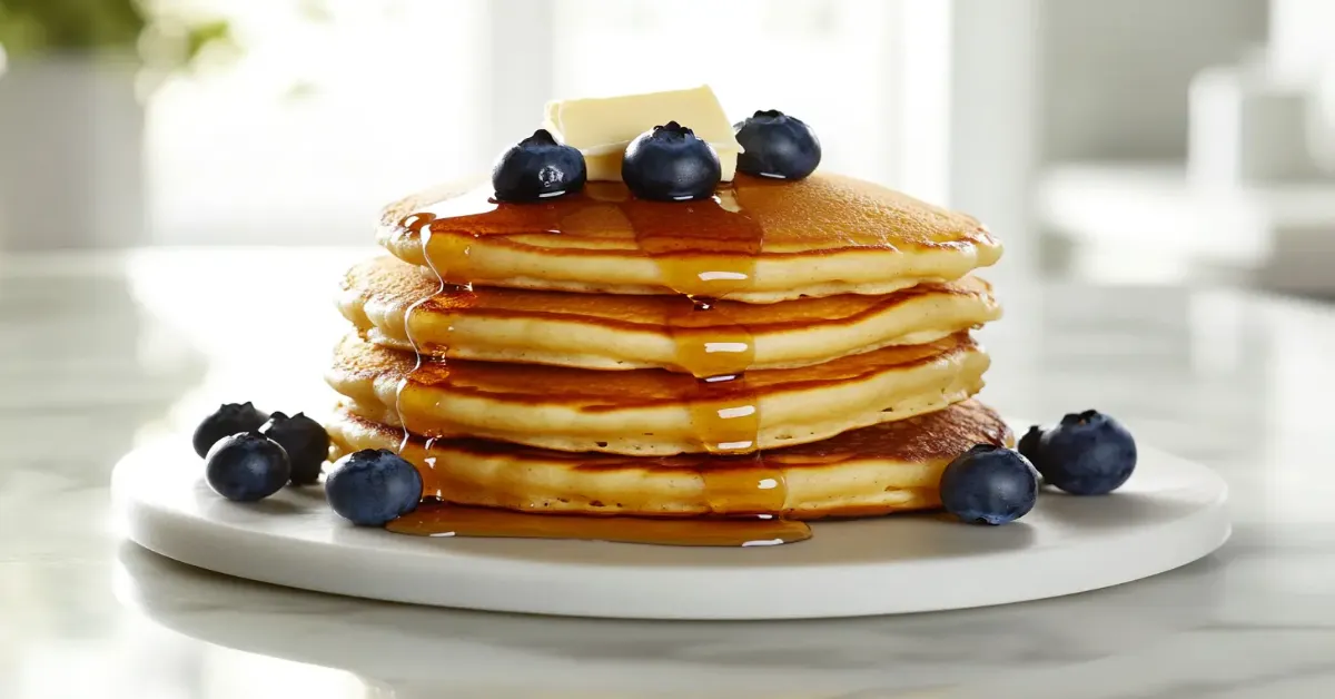 Fluffy sourdough pancakes stacked with syrup and blueberries.