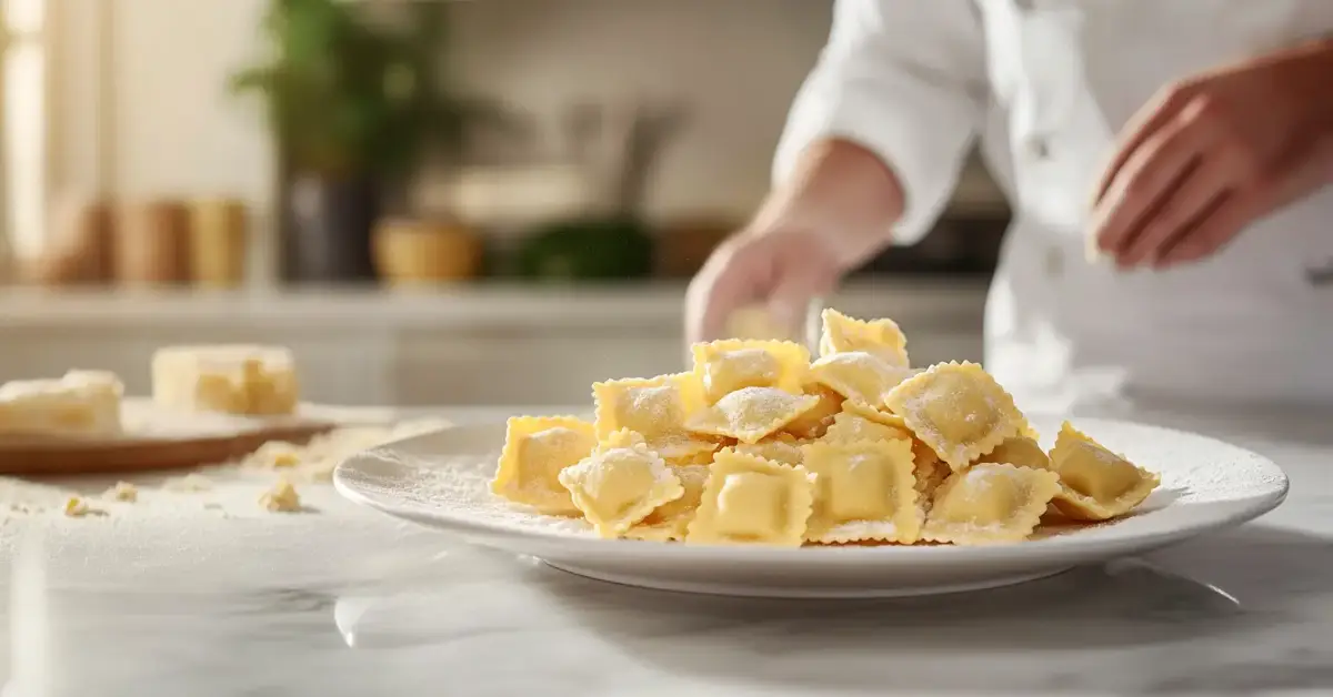 Freshly made ravioli on a white marble countertop with a chef sealing the edges, highlighting the texture and details.