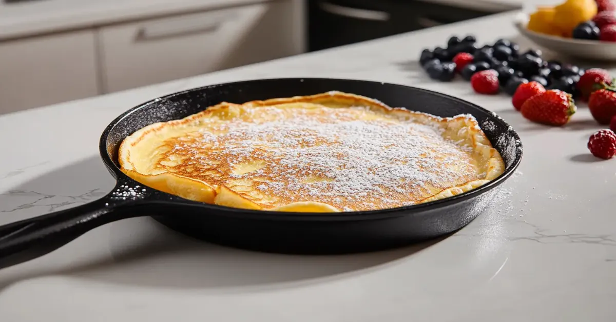 Freshly baked German pancake in a cast-iron skillet with powdered sugar and berries.