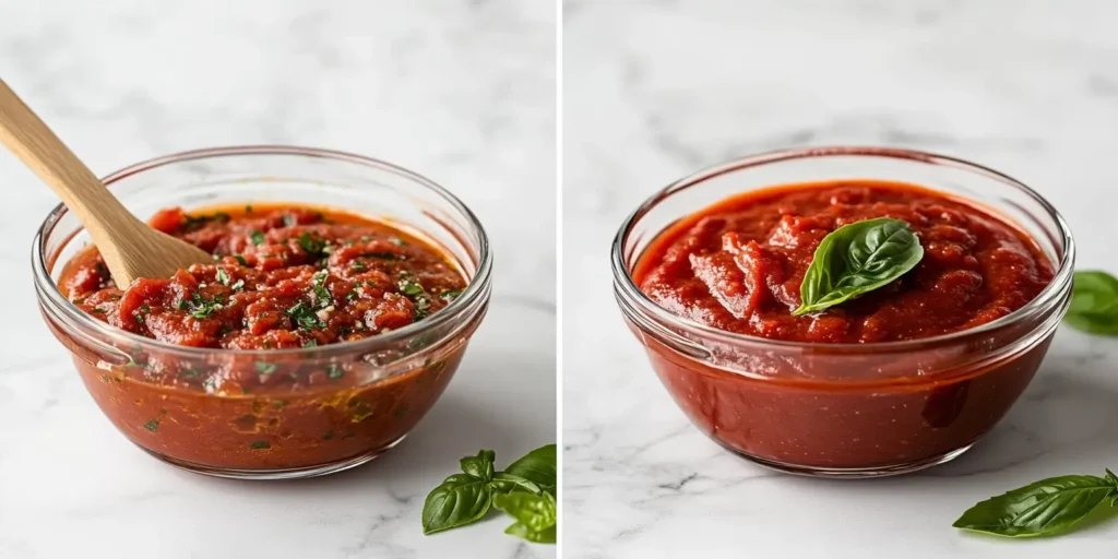 Homemade and store-bought marinara sauces side by side, showcasing different textures and ingredients on a modern white marble countertop.