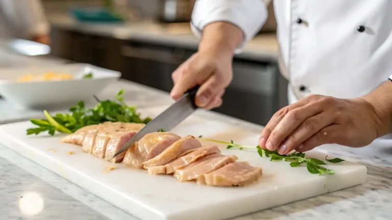 How do chefs get chicken so tender? A perfectly sliced, juicy chicken breast on a white marble countertop.