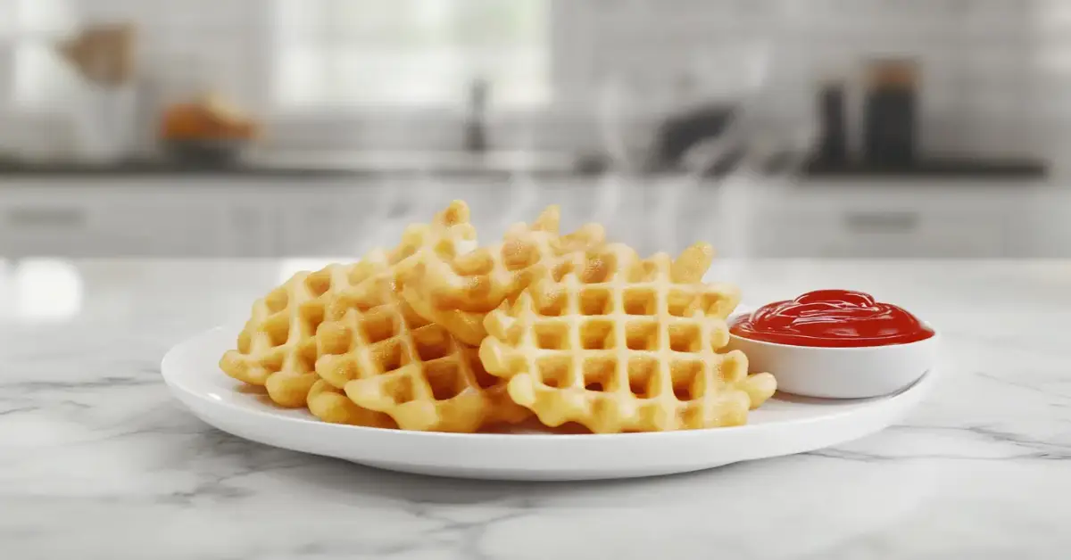 How to cook frozen waffle fries in an air fryer – crispy golden fries served on a white plate.
