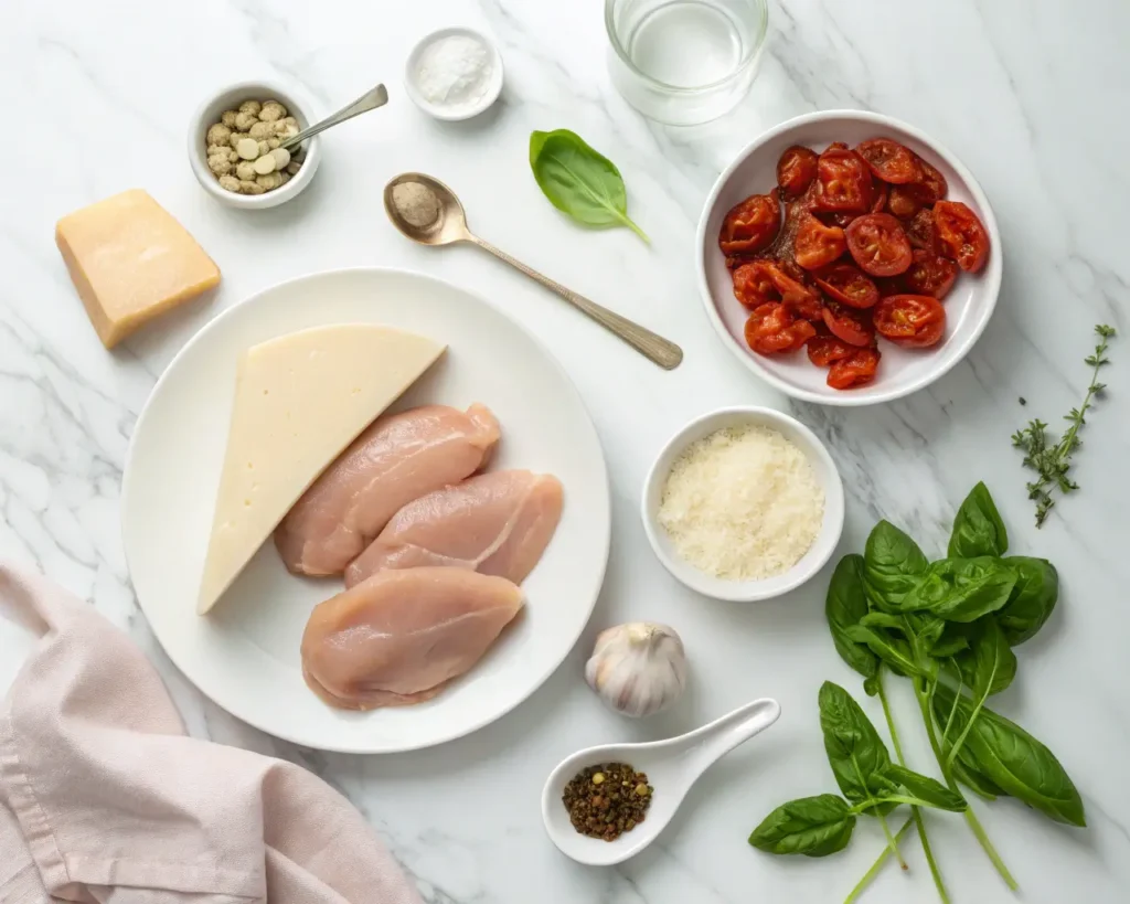 Fresh ingredients for Marry Me Chicken, including chicken, cream, Parmesan, sun-dried tomatoes, garlic, and herbs on a white marble surface.