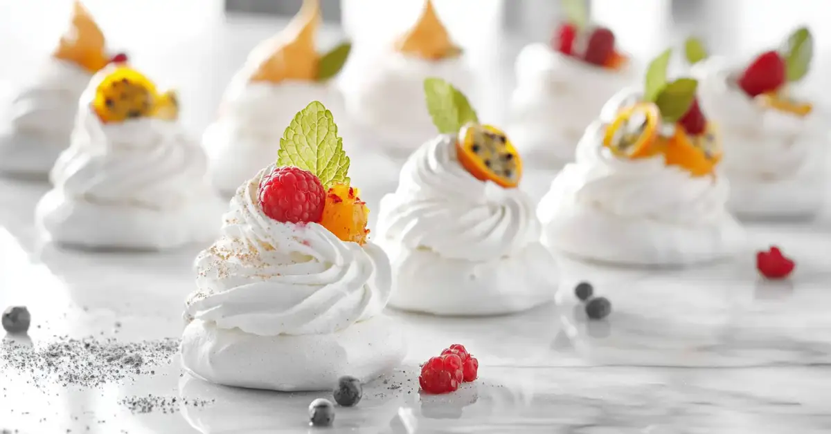 A plate of beautifully arranged miniature pavlovas with whipped cream, berries, and passion fruit on a white marble surface.