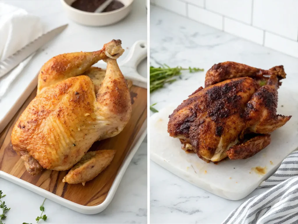 Comparison of overcooked dry chicken and juicy tender chicken.