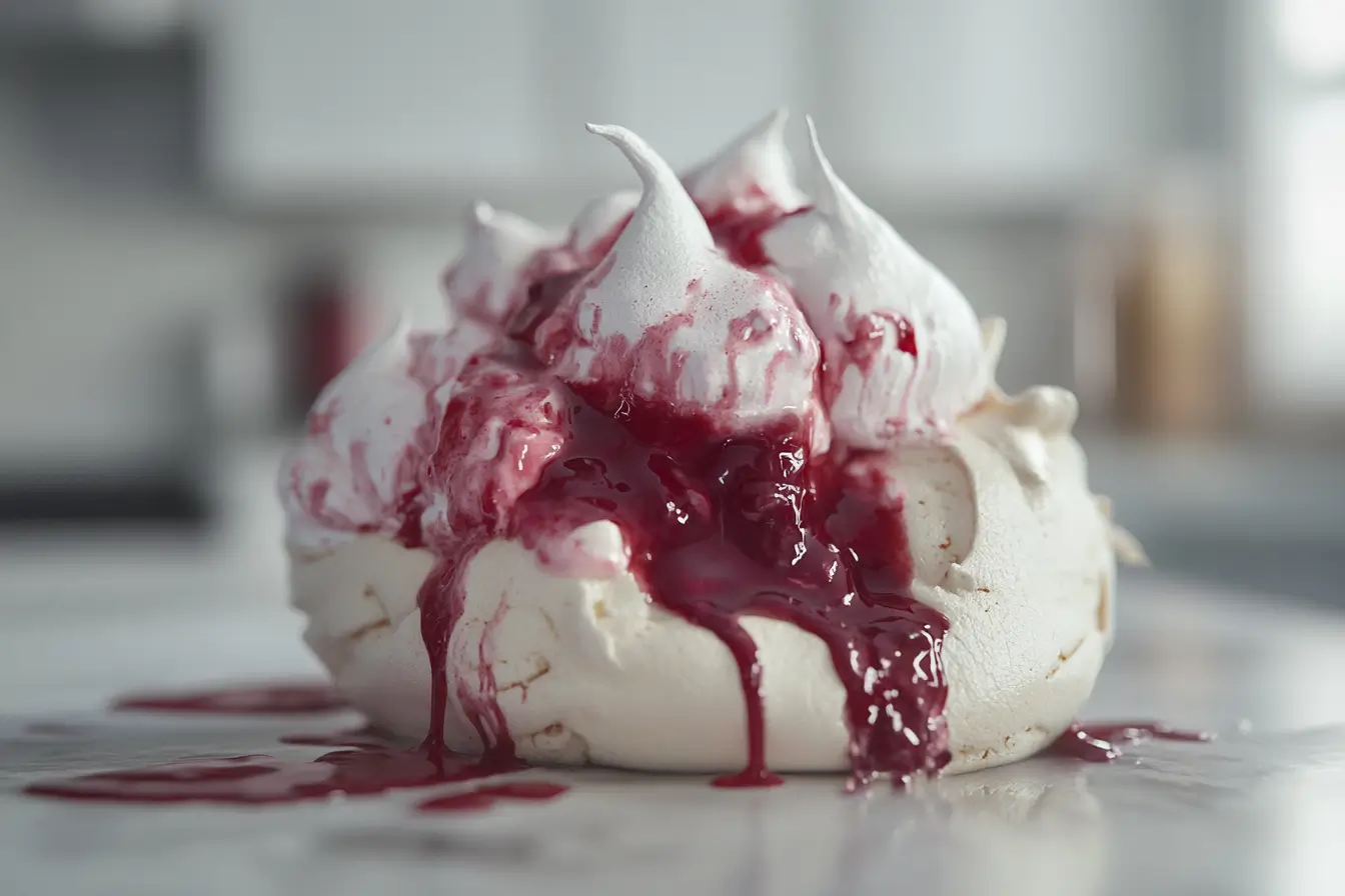 A pavlova with a collapsed, soft shell due to improper storage and excess moisture exposure.
