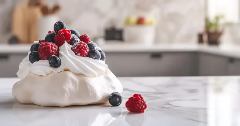 A beautifully baked pavlova with whipped cream and fresh berries on a white marble countertop.