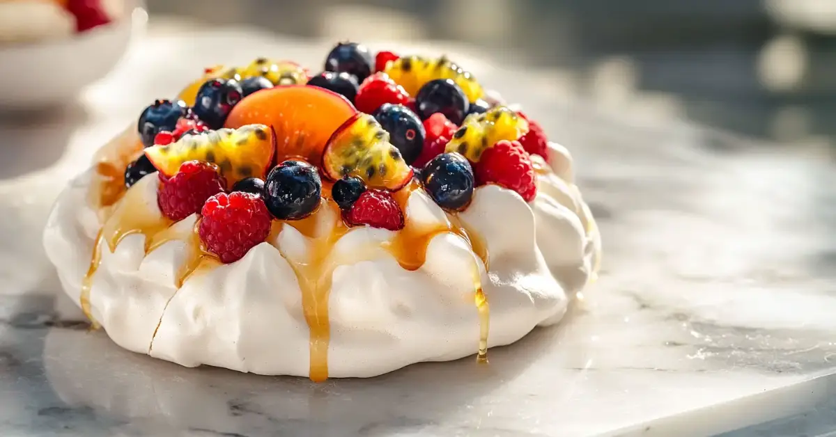 A freshly baked pavlova with a crisp shell and soft center, topped with berries, on a modern white marble surface.