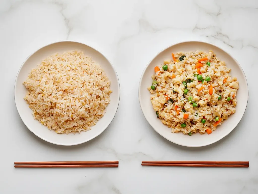 Comparison of perfectly cooked fried rice versus soggy, clumpy rice on a modern white marble surface.