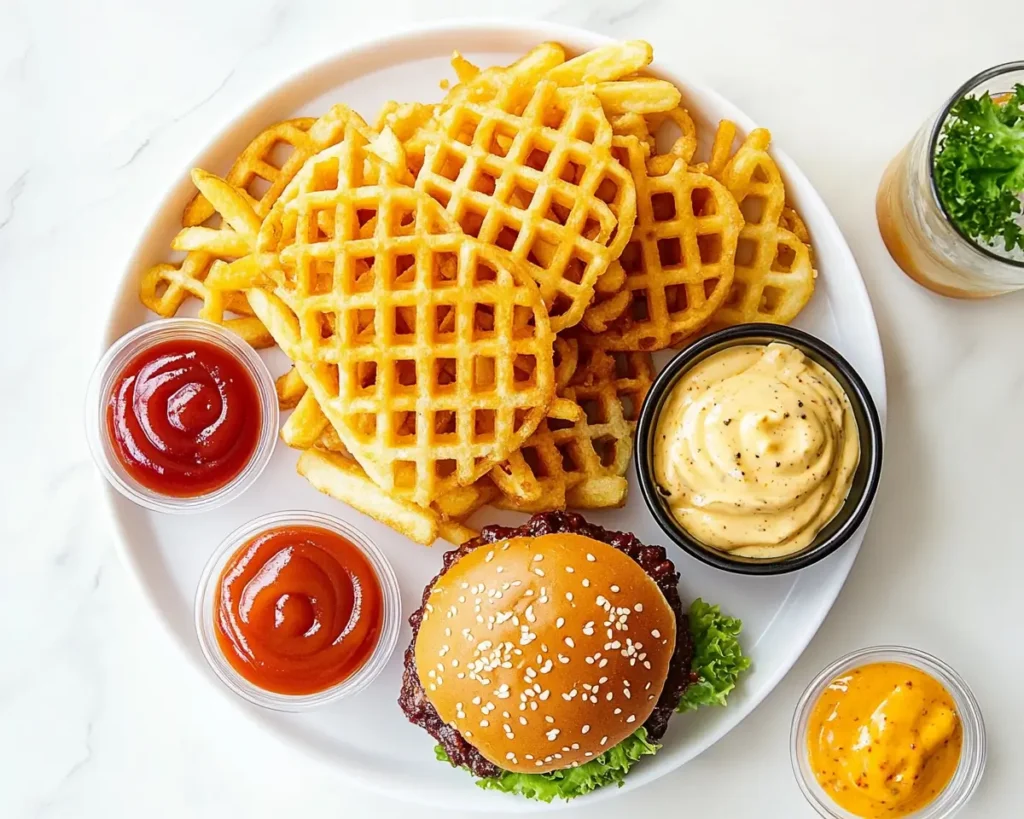 Crispy air-fried waffle fries served with dipping sauces.