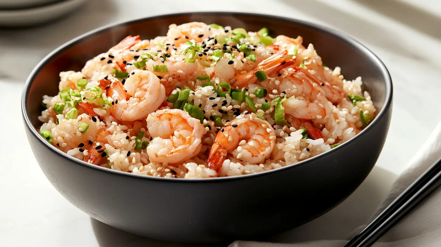 Shrimp fried rice in a bowl with green onions and sesame seeds.